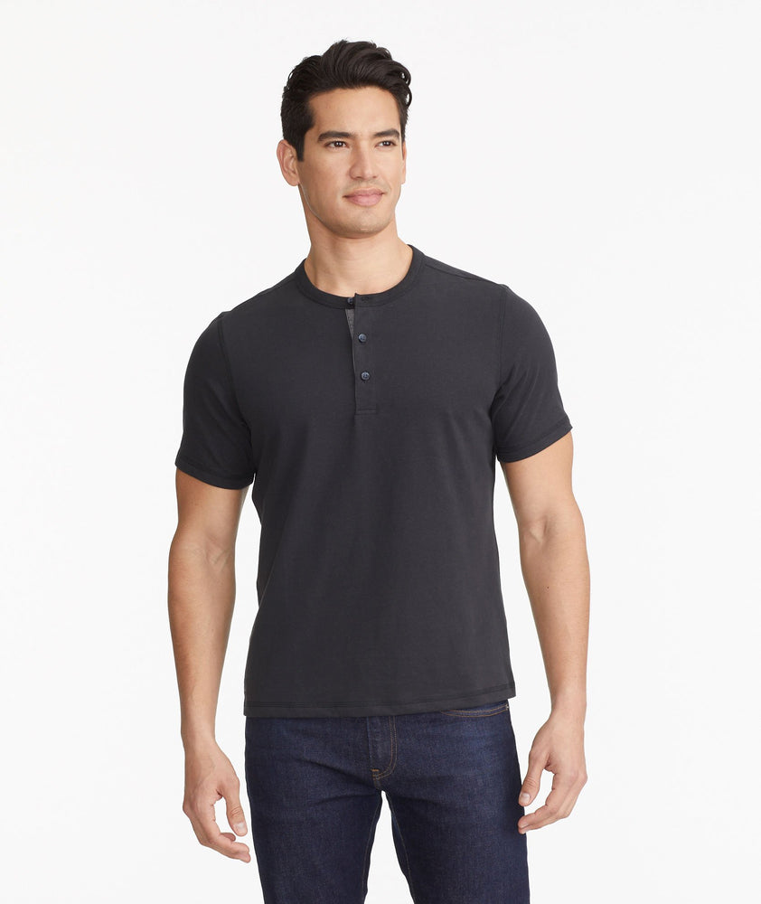 Model wearing a Black The Ultrasoft Short-Sleeve Henley