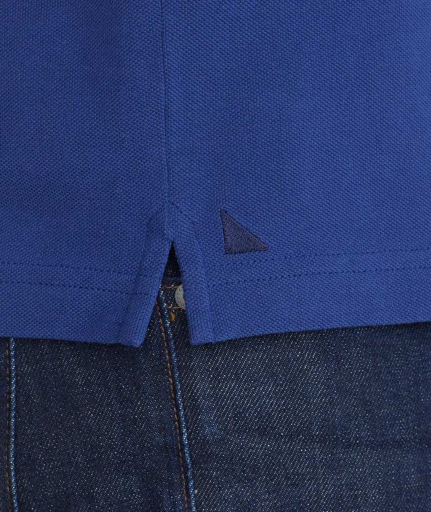 Model wearing a Dark Blue Bar Harbor Tipped Pique Polo