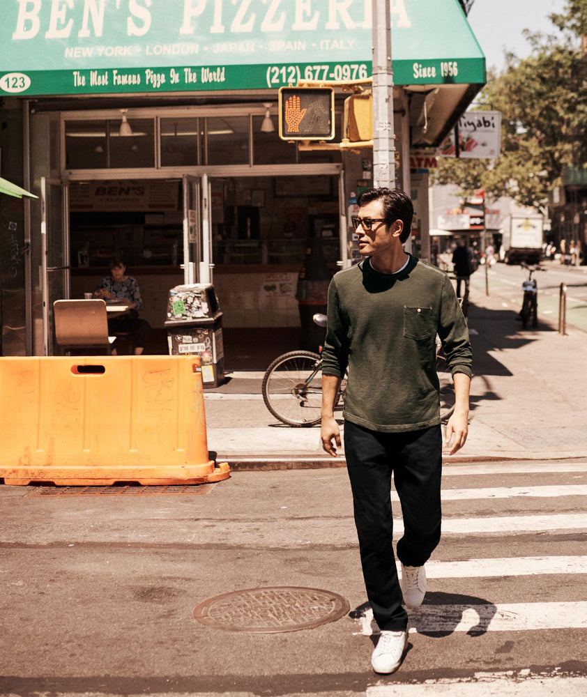 Model wearing a Dark Grey Long-Sleeve Pocket Tee