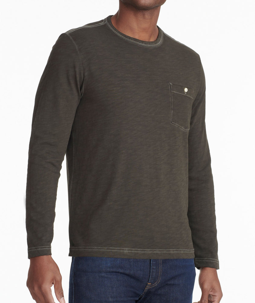 Model wearing a Dark Grey Long-Sleeve Pocket Tee