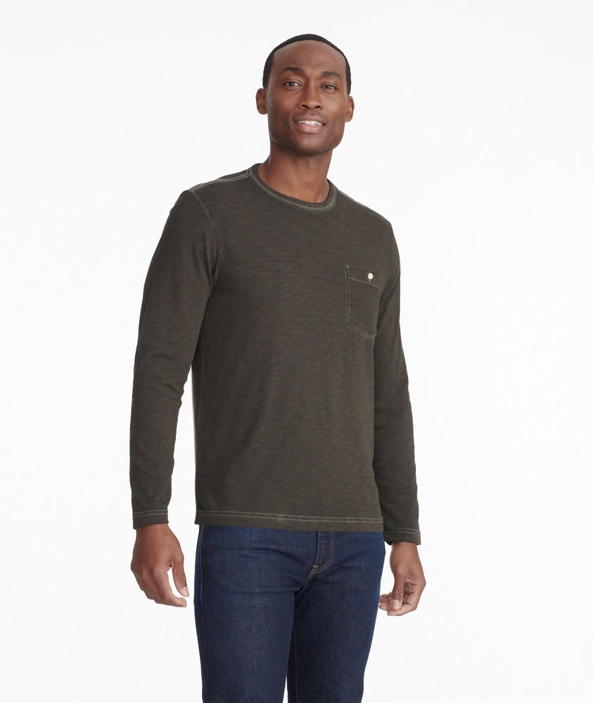 Model wearing a Dark Grey Long-Sleeve Pocket Tee