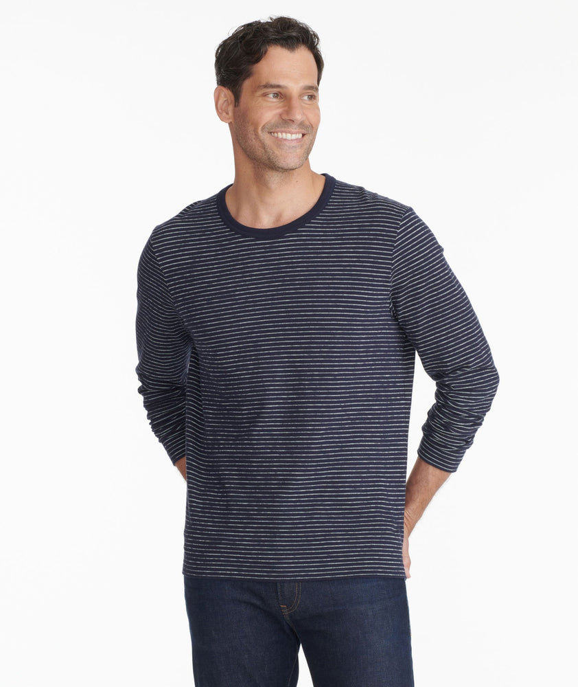 Model wearing a Navy Striped Long-Sleeve Tee