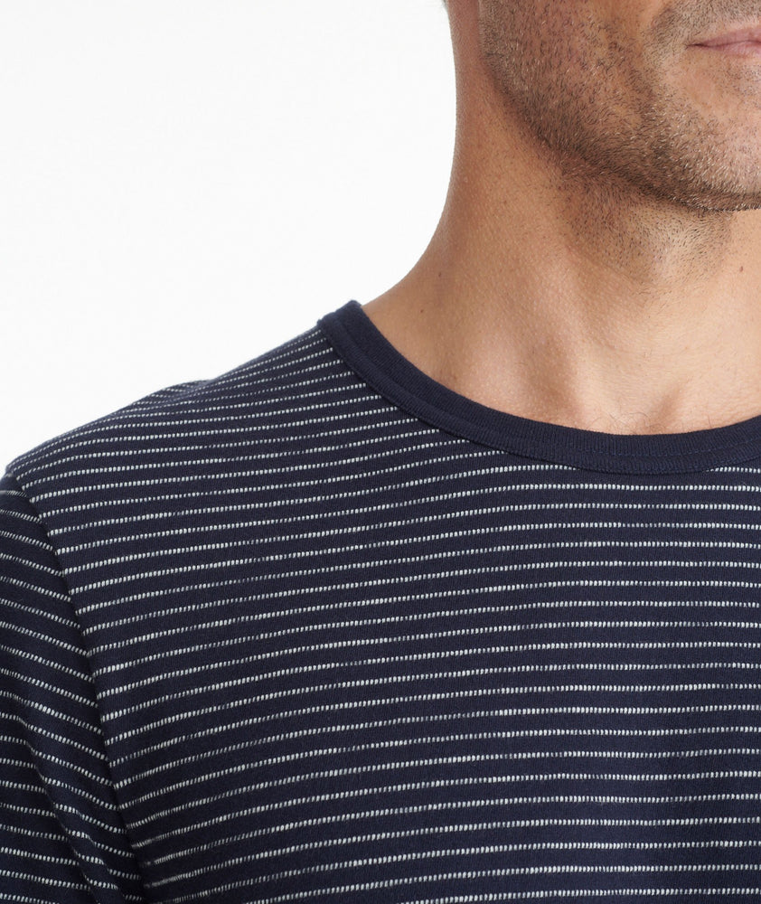 Model wearing a Navy Striped Long-Sleeve Tee