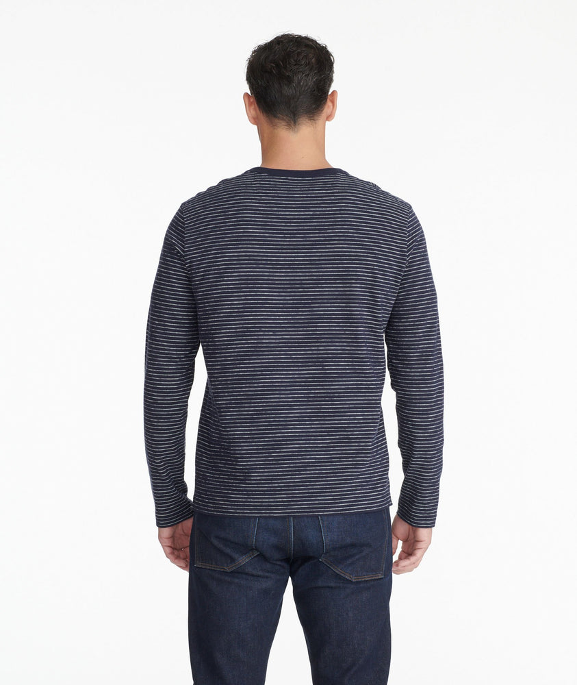 Model wearing a Navy Striped Long-Sleeve Tee