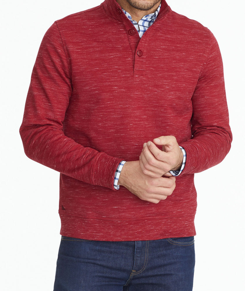 Model wearing a Red Heathered Henley Sweatshirt