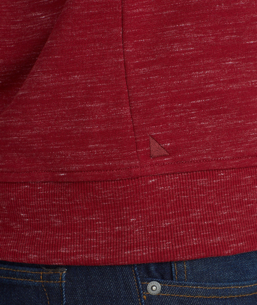 Model wearing a Red Heathered Henley Sweatshirt