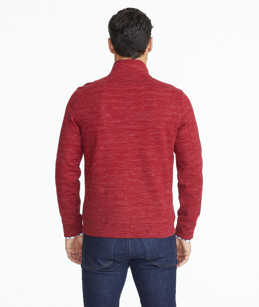 Model wearing a Red Heathered Henley Sweatshirt