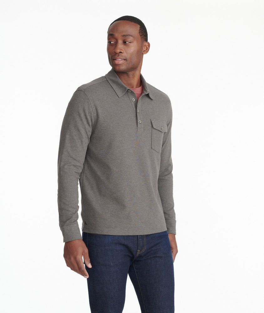 Model wearing a Dark Grey Heavyweight Long-Sleeve Polo