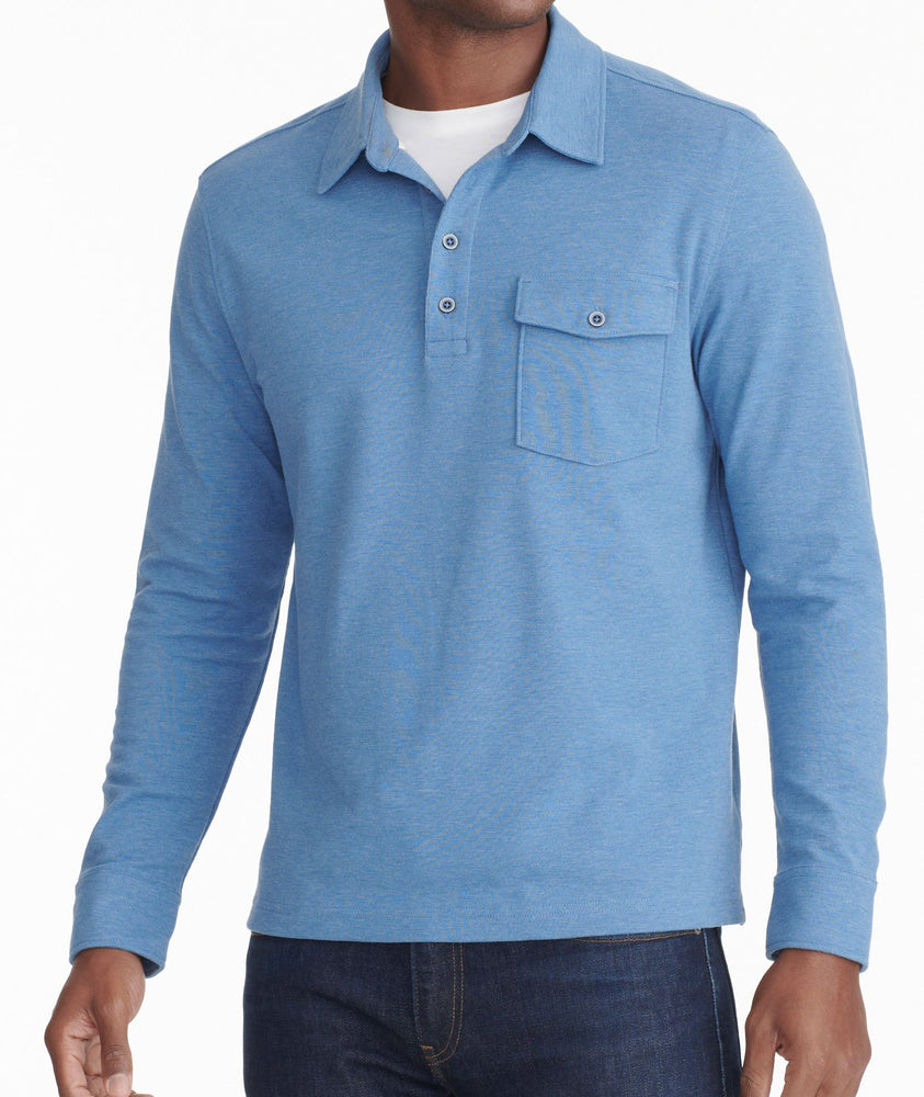 Model wearing a Blue Heavyweight Long-Sleeve Polo