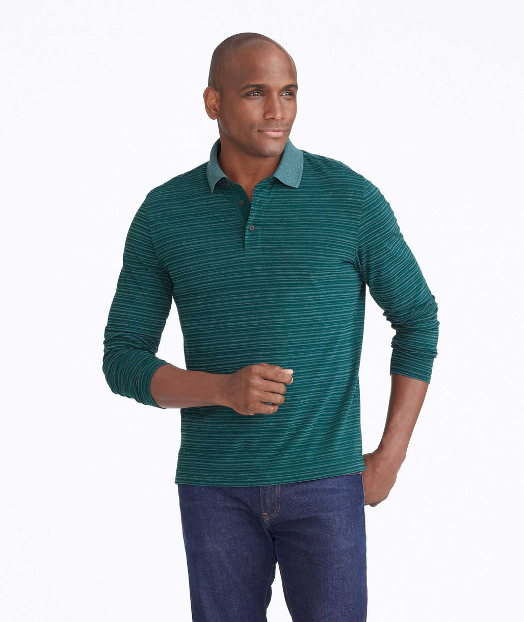 Model wearing a Green Striped Long-Sleeve Polo