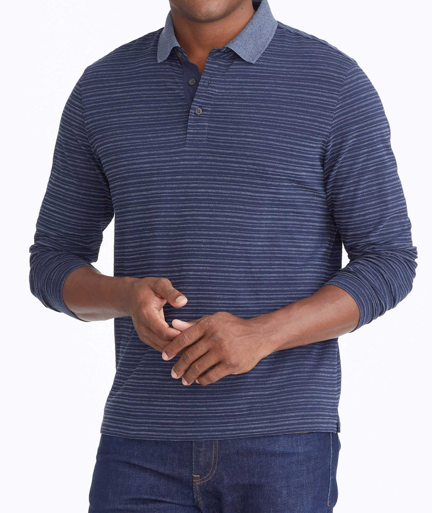 Model wearing a Navy Striped Long-Sleeve Polo