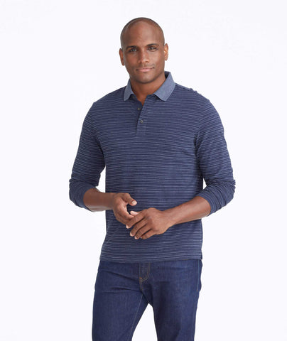 Model wearing a Navy Striped Long-Sleeve Polo