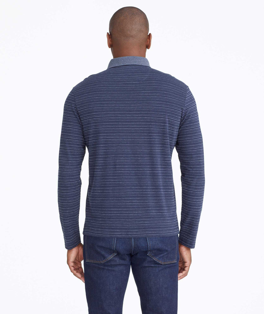 Model wearing a Navy Striped Long-Sleeve Polo
