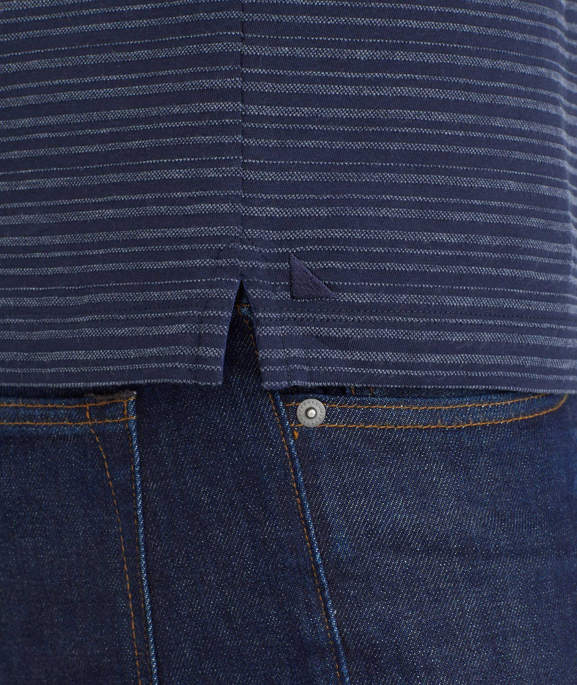 Model wearing a Navy Striped Long-Sleeve Polo