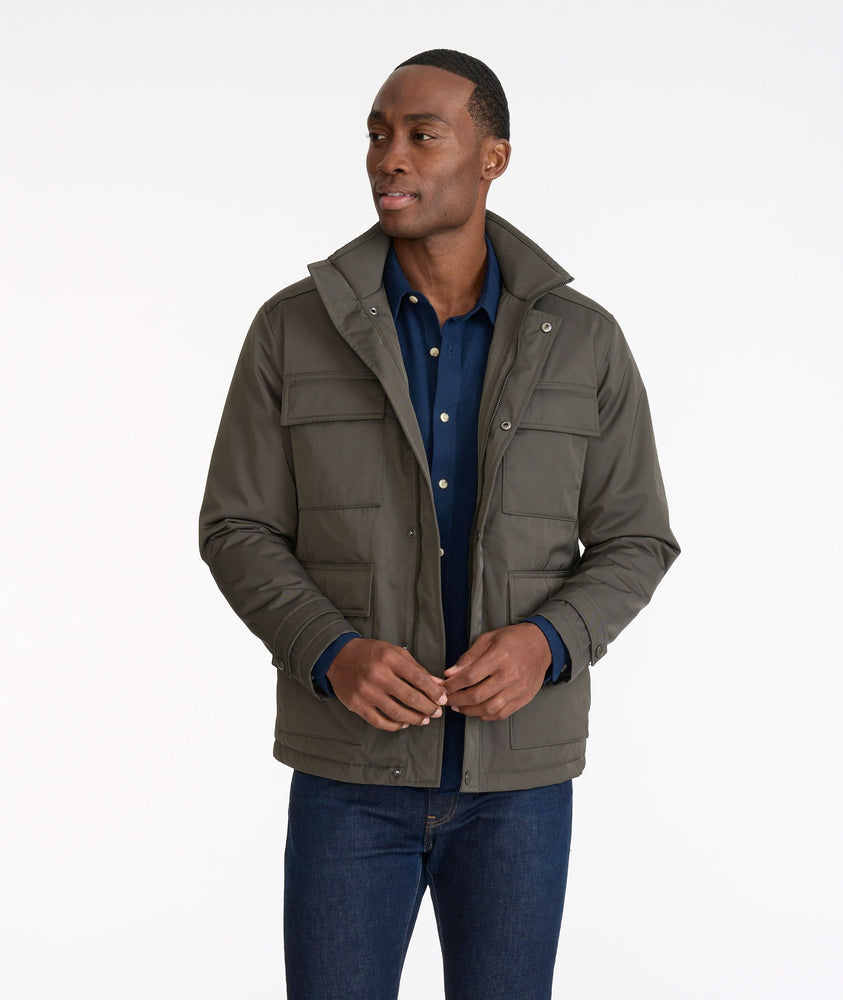 Model wearing a Grey Water-Repellent Utility Jacket