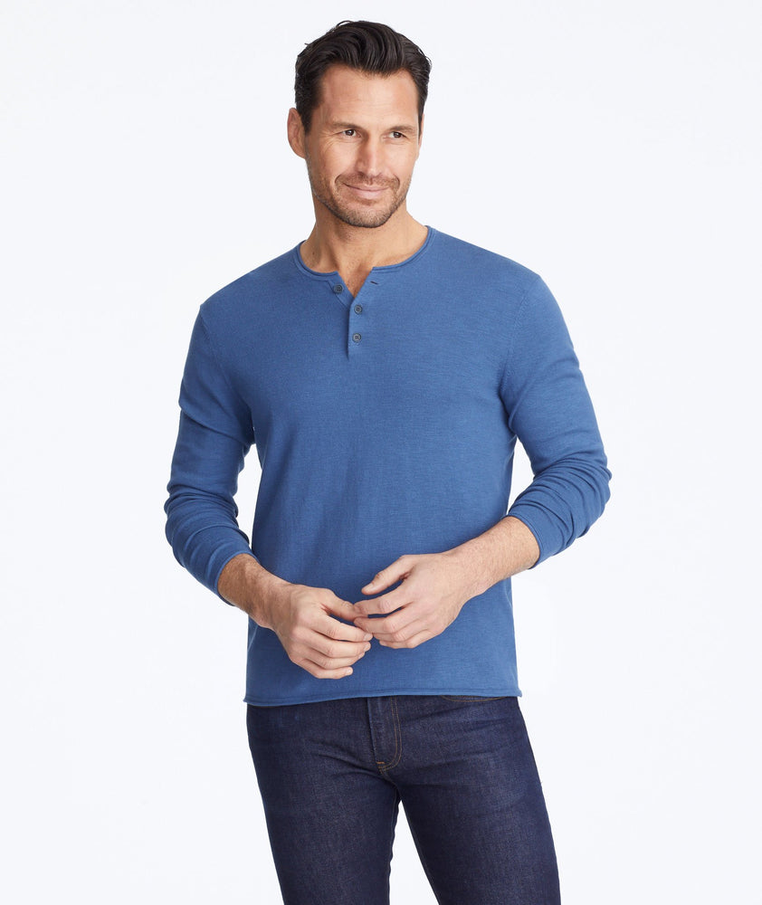 Model wearing a Navy Henley Sweater