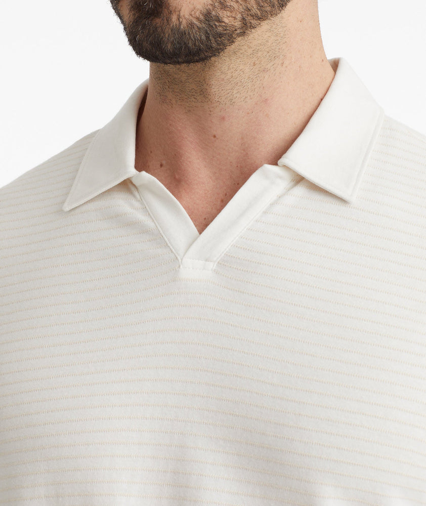 Model wearing a White Johnny Collar Polo