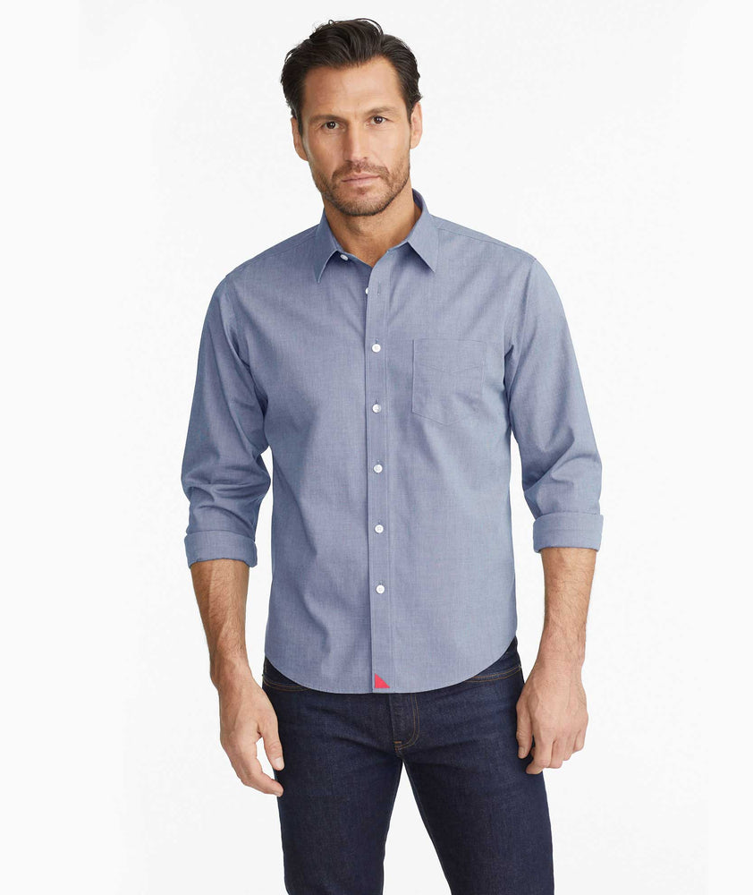 Model wearing a Navy Wrinkle-Free Pio Cesare Shirt