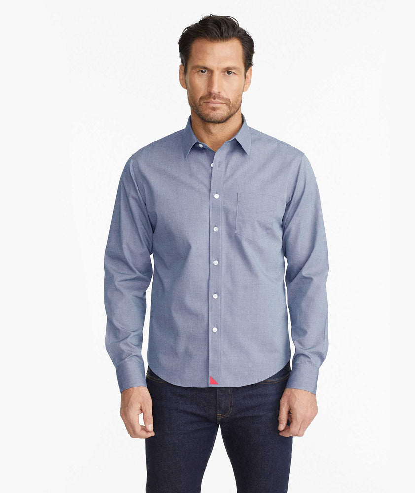 Model wearing a Navy Wrinkle-Free Pio Cesare Shirt