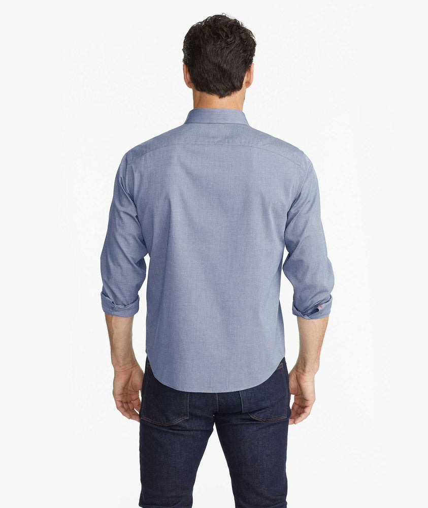 Model wearing a Navy Wrinkle-Free Pio Cesare Shirt