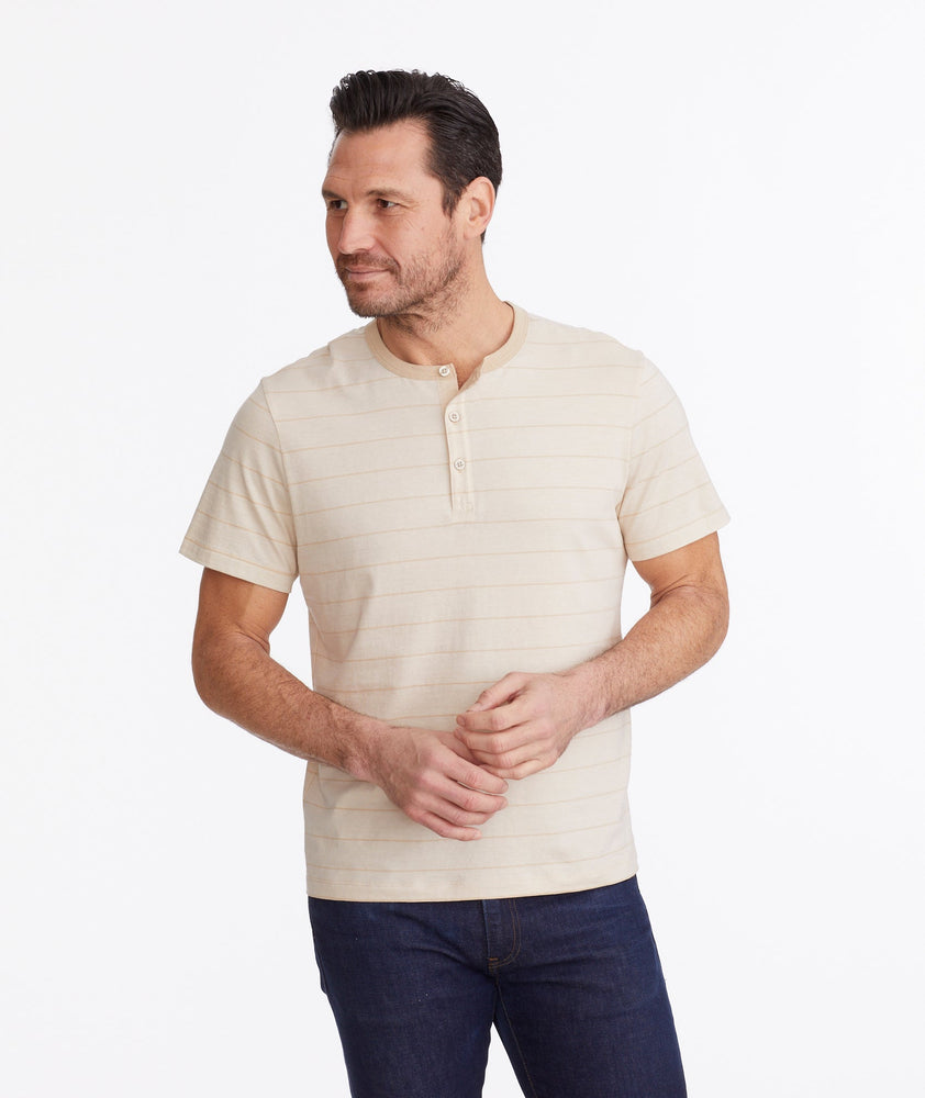 Model wearing a Tan Multistripe Short-Sleeve Henley