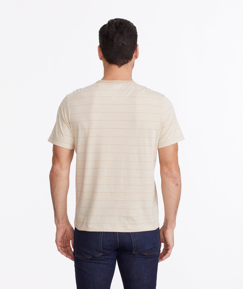 Model wearing a Tan Multistripe Short-Sleeve Henley