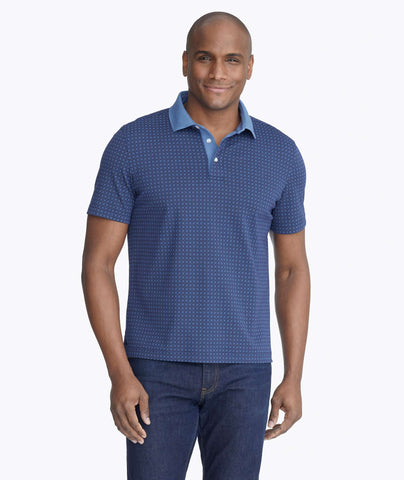 Model wearing a Blue Printed Polo with Contrast Collar