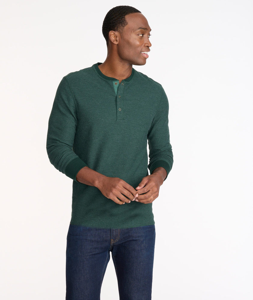 Model wearing a Green Textured Long-Sleeve Henley