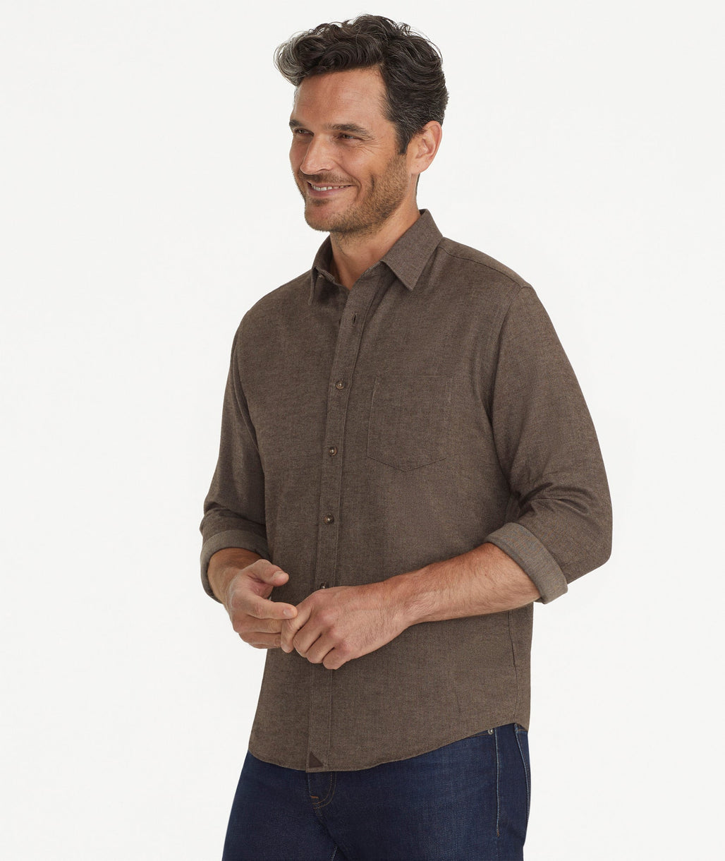 Model is wearing UNTUCKit Flannel Sherwood Shirt in chocolate.