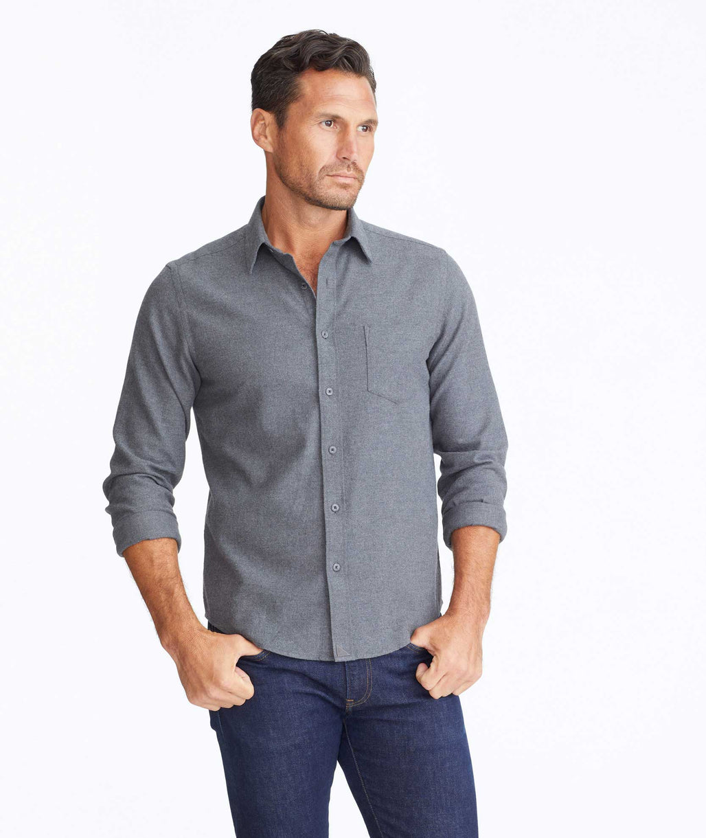 Model wearing a Dark Grey Flannel Sherwood Shirt