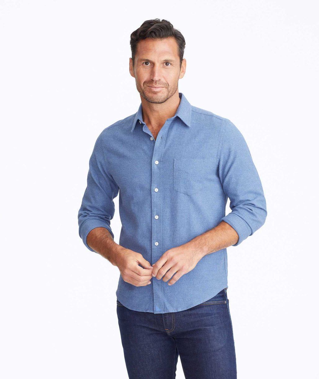 Model wearing a Mid Blue Flannel Sherwood Shirt