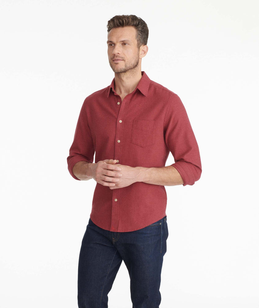 Model wearing a Dark Red Flannel Sherwood Shirt