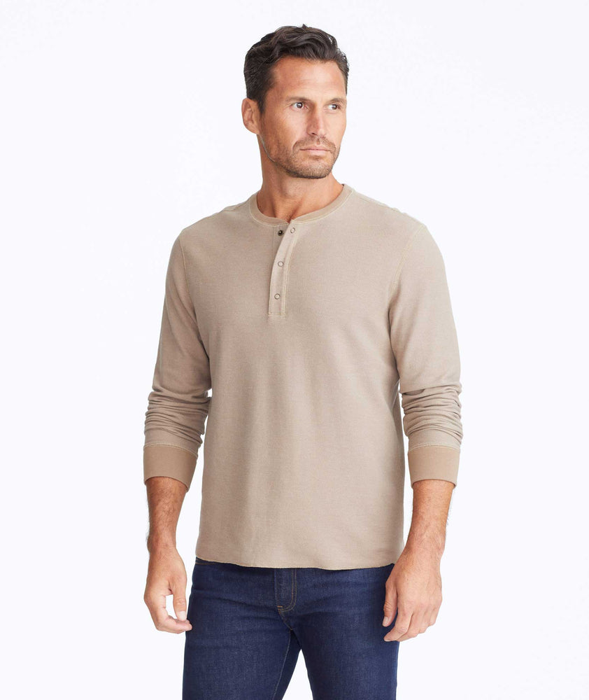 Model wearing a Tan Textured Long-Sleeve Henley