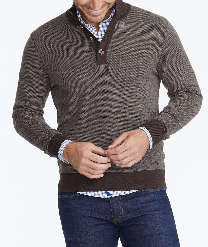 Model wearing a Brown Button-Neck Merino Sweater