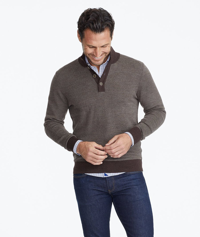 Model wearing a Brown Button-Neck Merino Sweater