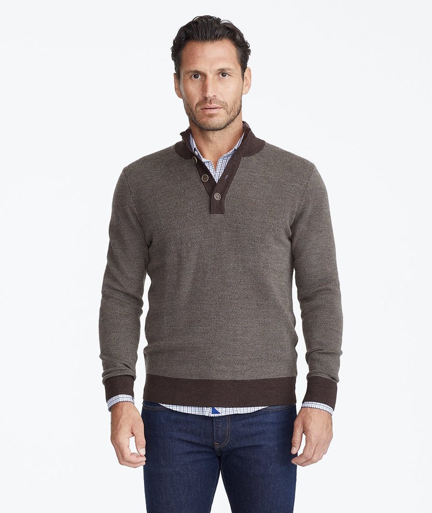 Model wearing a Brown Button-Neck Merino Sweater