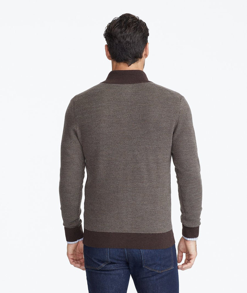 Model wearing a Brown Button-Neck Merino Sweater
