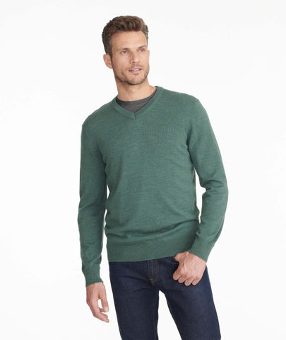 Model wearing a Dark Green Merino-Wool V-Neck Sweater