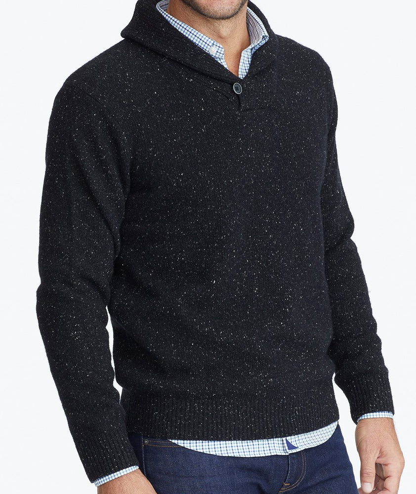 Model wearing a Black Donegal Shawl Collar Sweater