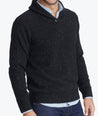 Model wearing a Black Donegal Shawl Collar Sweater