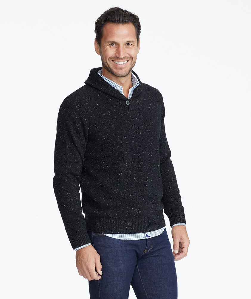 Model wearing a Black Donegal Shawl Collar Sweater