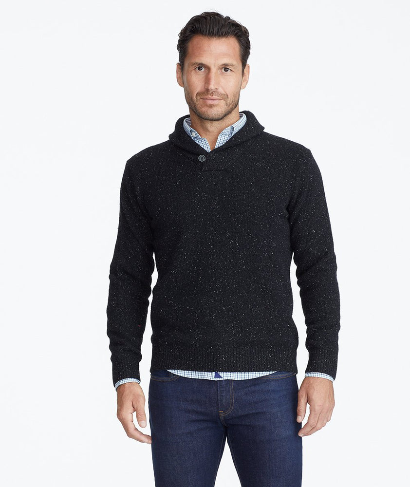 Model wearing a Black Donegal Shawl Collar Sweater