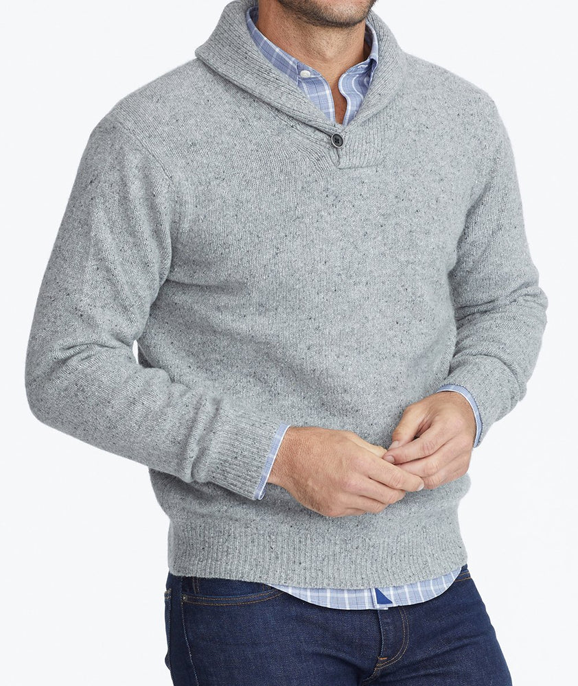 Model wearing a Grey Donegal Shawl Collar Sweater