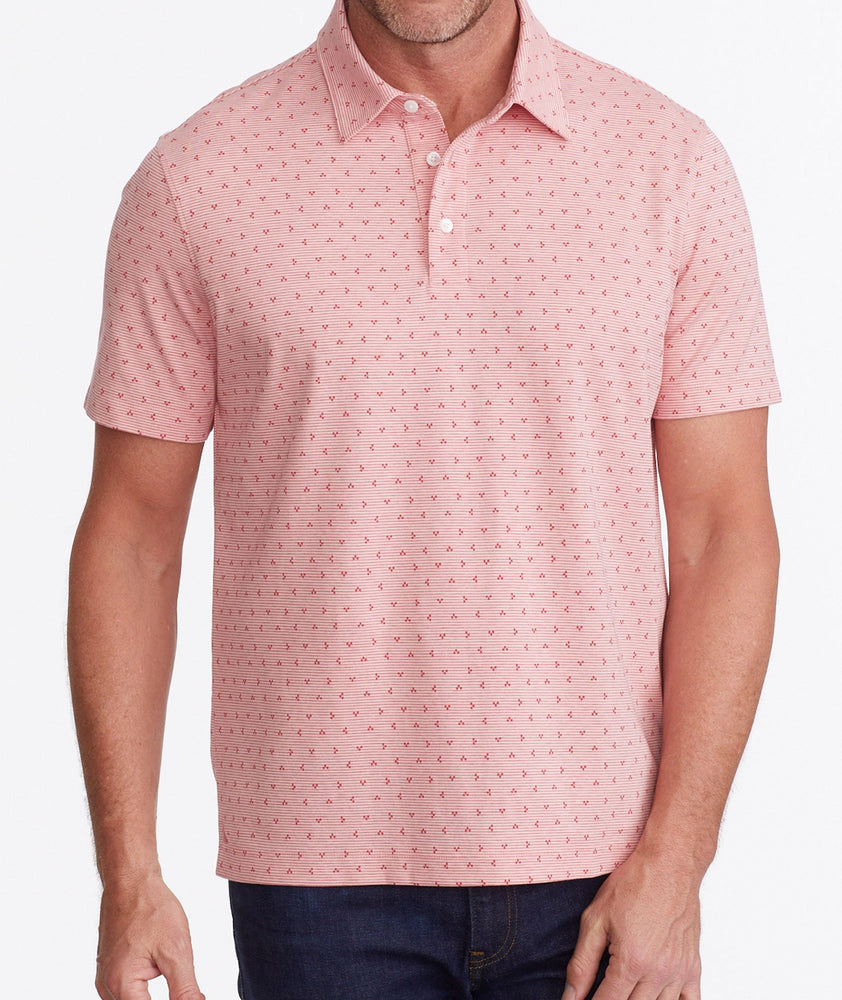Model wearing a Pink Wrinkle-Free Polo with Williams Print