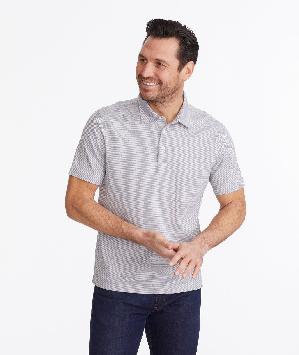 Model wearing a Grey Wrinkle-Free Polo with Williams Print