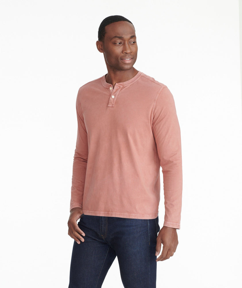 Model wearing a Light Red Long-Sleeve Pima Cotton Henley